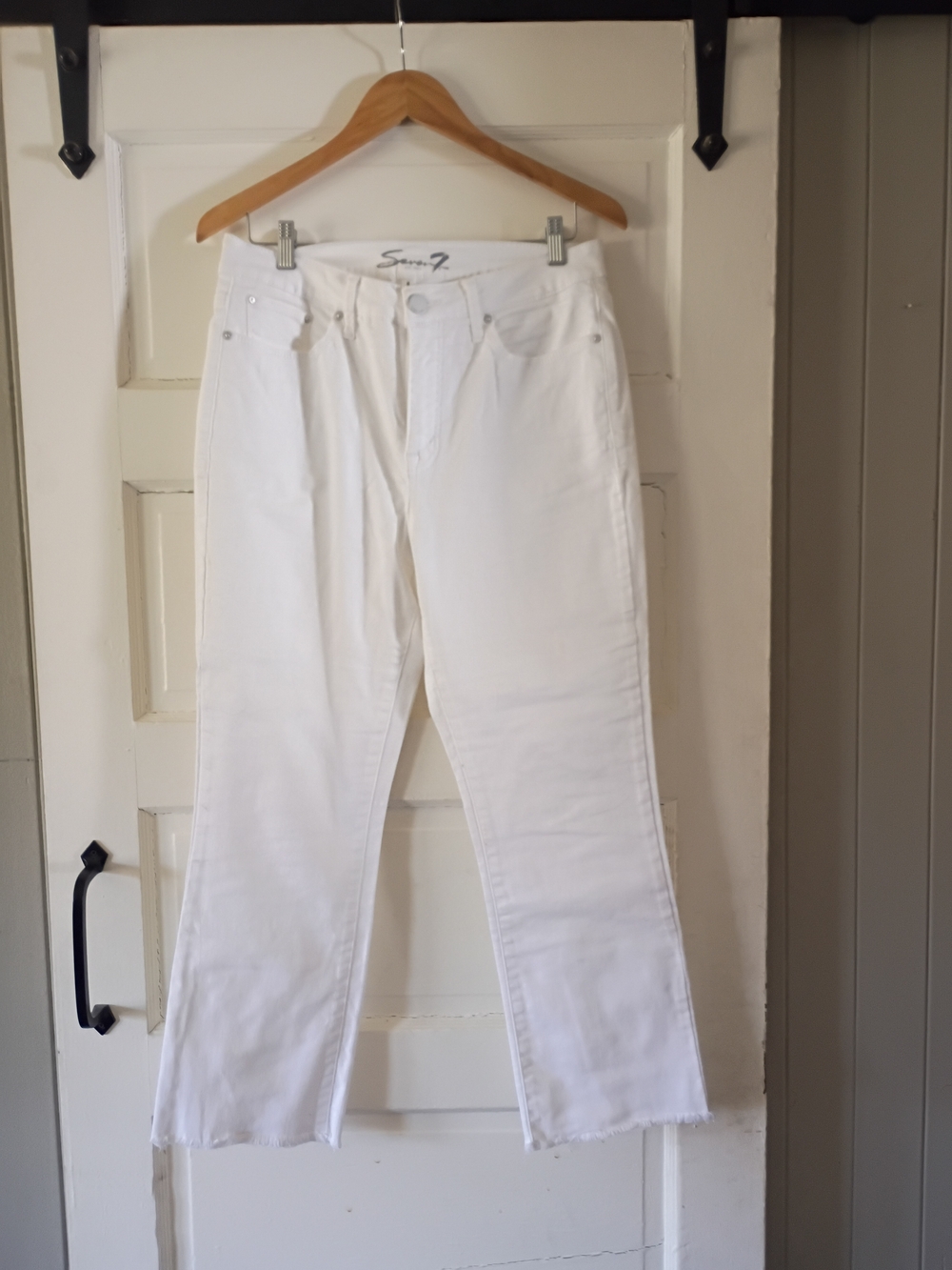 Seven7 White Straight-Leg Jeans with Raw Hem Detail